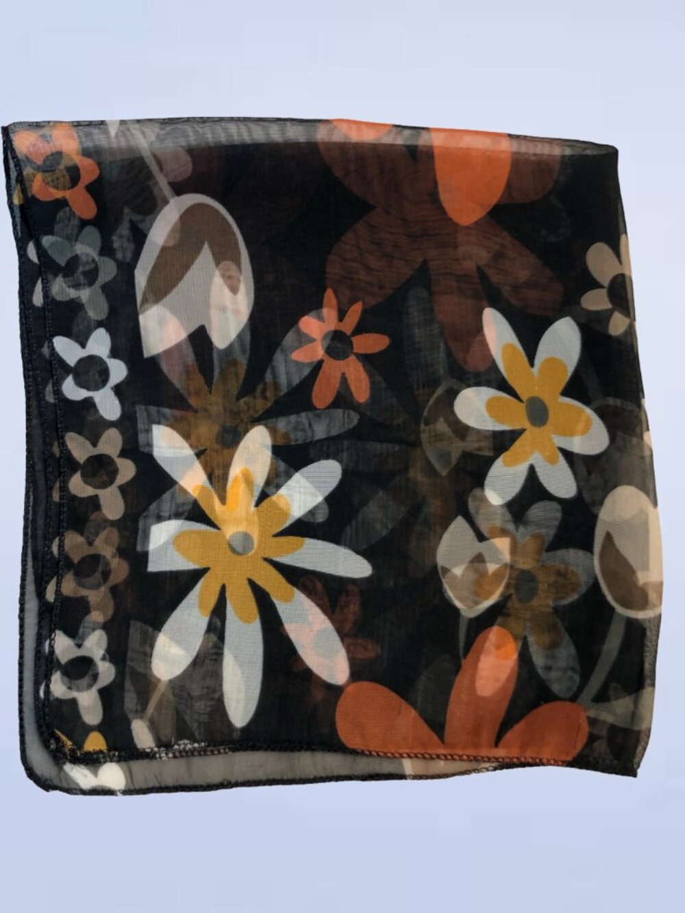 Vintage 70s Style Floral Sheer Poly Square Scarf Orange Brown Daisy Head Wrap
